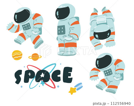 宇宙服を着た人のデフォルメ　ポップなイラストセット 112556940