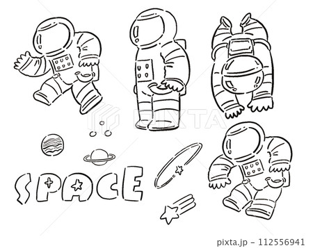 宇宙服を着た人のデフォルメ　ポップな線画イラストセット 112556941