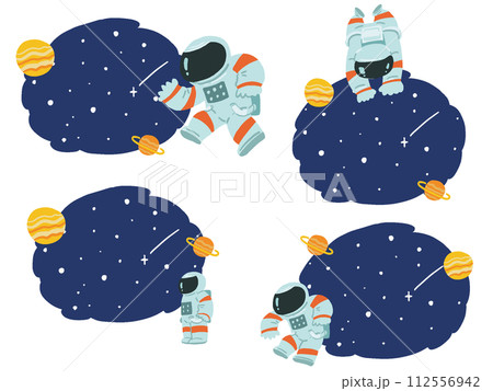 宇宙服を着た人と夜空のポップなフレームイラストセット 112556942