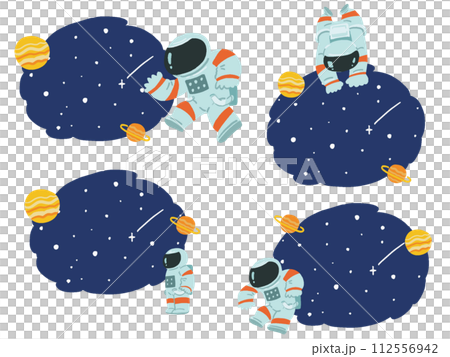 宇宙服を着た人と夜空のポップなフレームイラストセット 112556942
