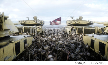 American military tanks Abrams and skulls. Help for ukraine. Anti war concept. 3d rendering. American military tanks Abrams and skulls. Help for ukraine. Anti war concept. 3d rendering. 112557088