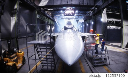 Production of military fighter jet f 22 raptor at the factory. Military factory weapon. 3d rendering. Production of military fighter jet f 22 raptor at the factory. Military factory weapon. 3d rendering. 112557100