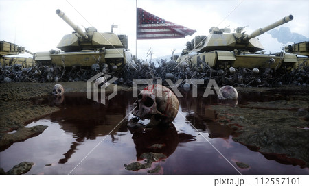 American military tanks Abrams and skulls. Help for ukraine. Anti war concept. 3d rendering. American military tanks Abrams and skulls. Help for ukraine. Anti war concept. 3d rendering. 112557101