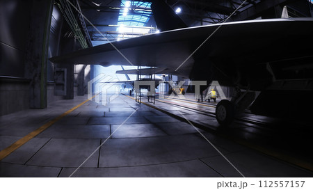 Production of military fighter jet f 22 raptor at the factory. Military factory weapon. 3d rendering. Production of military fighter jet f 22 raptor at the factory. Military factory weapon. 3d rendering. 112557157