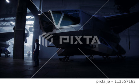 Production of military futuristic ship at the factory. Future concept. 3d rendering. 112557165