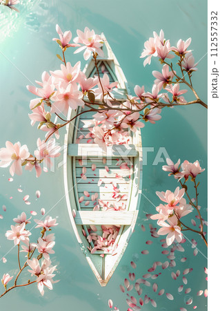 View Pastel Boat Adorned with Cherry Blooms 112557332