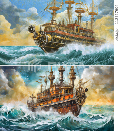 A steampunk-style ship navigating the rough sea (2 images) | Edit adobe AI-generated image that clears copyright issues 112557604