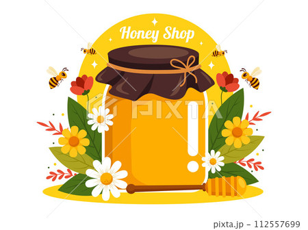 Honey Store Vector Illustration with a Natural Useful Product Jar, Bee or Honeycombs to be Consumed in Flat Cartoon Background Design 112557699