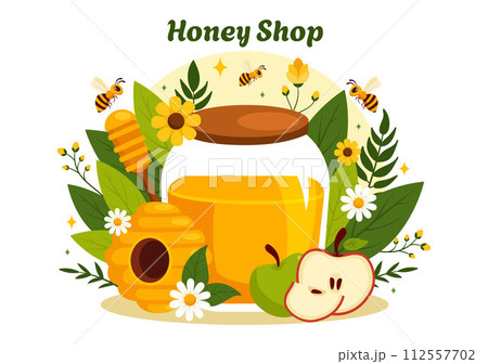 Honey Store Vector Illustration with a Natural Useful Product Jar, Bee or Honeycombs to be Consumed in Flat Cartoon Background Design Honey Store Vector Illustration with a Natural Useful Product Jar, Bee or Honeycombs to be Consumed in Flat Cartoon Background Design 112557702