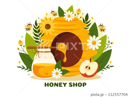 Honey Store Vector Illustration with a Natural Useful Product Jar, Bee or Honeycombs to be Consumed in Flat Cartoon Background Design 112557704
