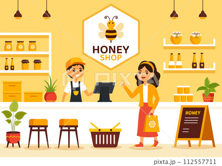 Honey Store Vector Illustration with a Natural Useful Product Jar, Bee or Honeycombs to be Consumed in Flat Cartoon Background Design Honey Store Vector Illustration with a Natural Useful Product Jar, Bee or Honeycombs to be Consumed in Flat Cartoon Background Design 112557711
