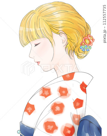 横向き 白い 赤の模様 浴衣の女性 金髪【再彩色版】のイラスト