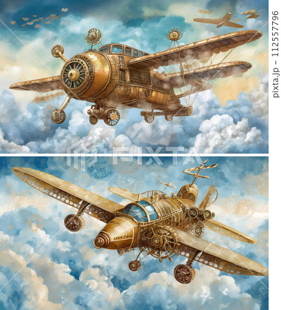 雲の合間を飛ぶスチームパンク風な飛行機（2画像）｜著作権問題クリアadobeAI生成画像を編集 112557796