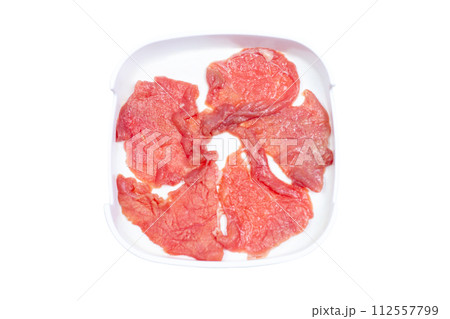 Fresh raw offal sliced on square plate isolated on white background, hot pot ingredients. 112557799