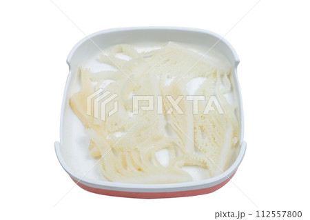 Fresh raw offal sliced on square plate isolated on white background, hot pot ingredients. 112557800