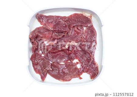 Fresh raw offal sliced on square plate isolated on white background, hot pot ingredients. Fresh raw offal sliced on square plate isolated on white background, hot pot ingredients. 112557812