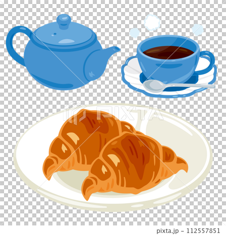A set of croissants and hot coffee on a plate A set of croissants and hot coffee on a plate 112557851