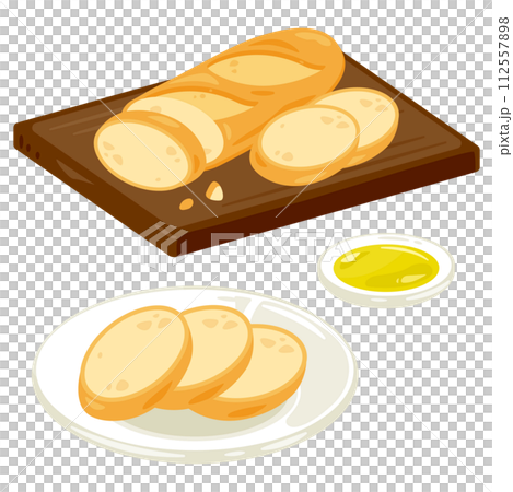 Baguette on wooden plate and plate 112557898