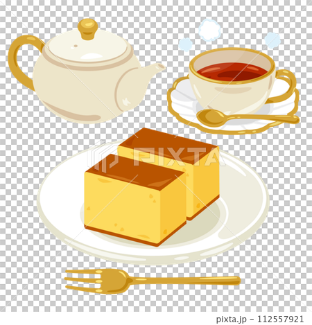 A set of castella and hot tea on a plate A set of castella and hot tea on a plate 112557921