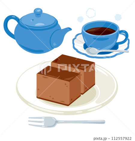 皿に盛られたチョコレートカステラとホットコーヒーのセット 112557922