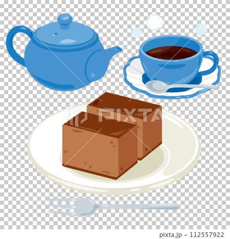 皿に盛られたチョコレートカステラとホットコーヒーのセット 112557922