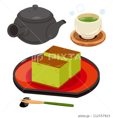 おぼんに盛られた抹茶カステラ 112557923