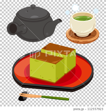 おぼんに盛られた抹茶カステラ 112557923