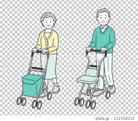 シルバーカーを押して歩く高齢女性と高齢男性の人物イラスト シルバーカーを押して歩く高齢女性と高齢男性の人物イラスト 112558215