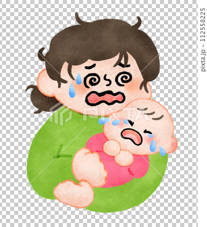 媽媽擔心哭鬧的嬰兒，手繪插畫素材 112558225