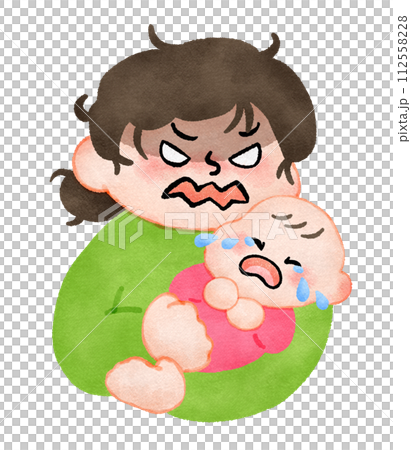 媽媽被哭鬧的嬰兒激怒了手繪插畫素材 112558228