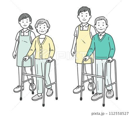 歩行器の高齢女性と高齢男性介助ををする人物イラスト 112558527