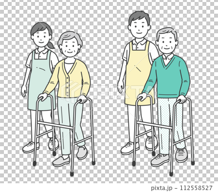 歩行器の高齢女性と高齢男性介助ををする人物イラスト 112558527