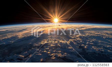 宇宙から見た日の出：地球の水平線から太陽が昇ってくる姿を人工衛星から見た：精緻CG 112558563