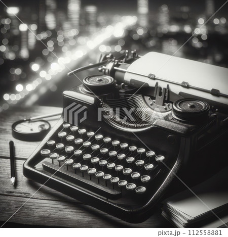 Vintage typewriter on a wooden table with a lamp and a vase of flowers Vintage typewriter on a wooden table with a lamp and a vase of flowers 112558881