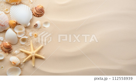 Seashells and Starfish on Sunny Beach with Waves, Summer Vacation Concept 112558939