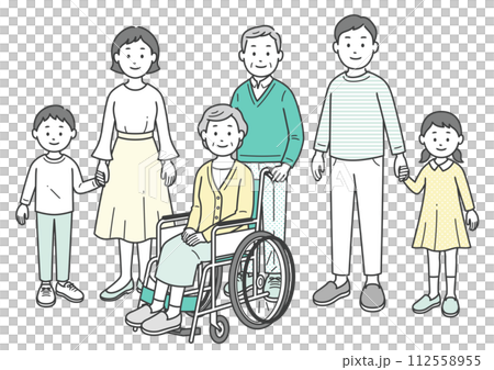 Full body illustration of three generations of family gathered together 112558955