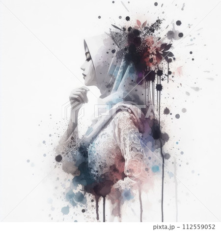 Indonesian girl wearing traditional clothes in splash ink painting with Generative AI. Indonesian girl wearing traditional clothes in splash ink painting with Generative AI. 112559052