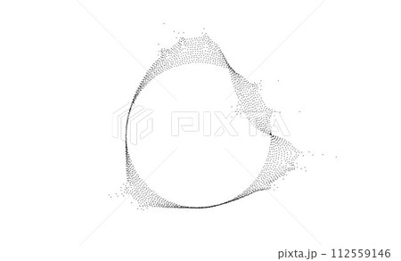 Black dotted wavy lines with dissolve effect. Stipple disintegrating curved circle. Halftone textured sphere with noise grain. Round grunge particles or speckles. Dot work bubble. Vector illustration 112559146
