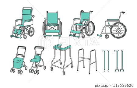 車いすとシルバーカーと杖の介護用品セットイラスト 112559626