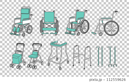 車いすとシルバーカーと杖の介護用品セットイラスト 112559626