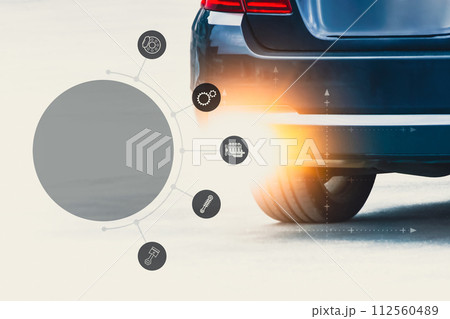 Car repair service concept, car service icon on transparent circle banner, trunk of blue car parked 112560489