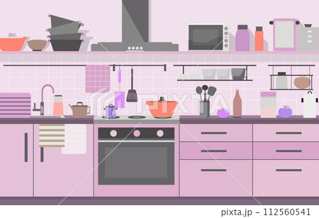 Flat Design of Modern Kitchen Interior in Restaurant with Storage Shelves and Stove Flat Design of Modern Kitchen Interior in Restaurant with Storage Shelves and Stove 112560541