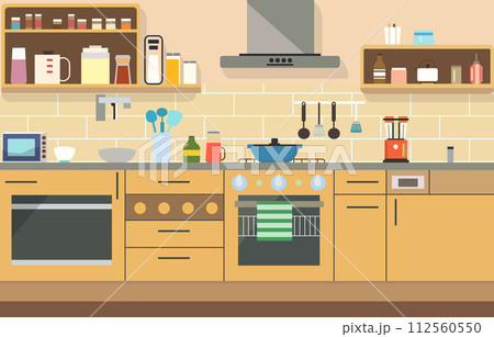 Flat Design of Kitchen in Restaurant with Kitchen Utensils and Storage Shelves 112560550