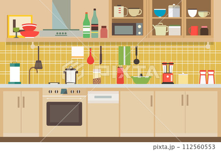 Flat Design of Kitchen in Restaurant with Kitchen Utensils and Storage Shelves Flat Design of Kitchen in Restaurant with Kitchen Utensils and Storage Shelves 112560553