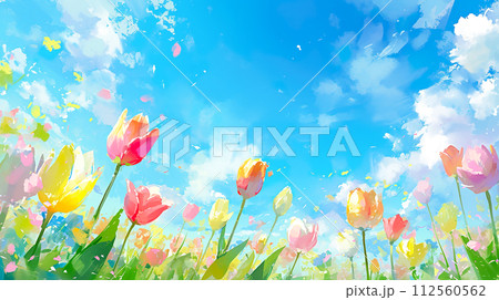 青空に向かって伸びるたくさんのチューリップの水彩イラストのイラスト