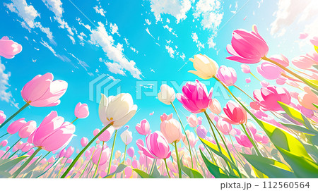 青空に向かって伸びるたくさんのチューリップの水彩イラスト 青空に向かって伸びるたくさんのチューリップの水彩イラスト 112560564