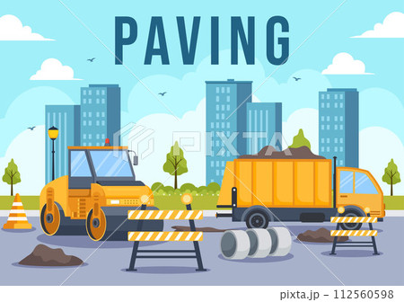 Paving Vector Illustration with Road Construction and Highway Maintenance Workers Working on Asphalt Roads with Drilling Machine in Flat Background Paving Vector Illustration with Road Construction and Highway Maintenance Workers Working on Asphalt Roads with Drilling Machine in Flat Background 112560598