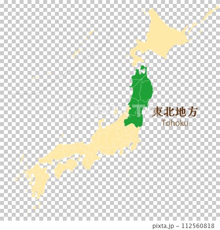 日本列島の中の東北地方、東北地方の各県のイラスト素材 [112560818