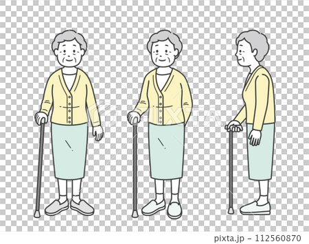杖をつく後期高齢女性の全身イラスト 112560870