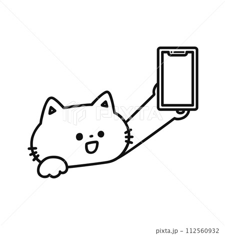 スマートフォンを持ったかわいい猫・線画 スマートフォンを持ったかわいい猫・線画 112560932